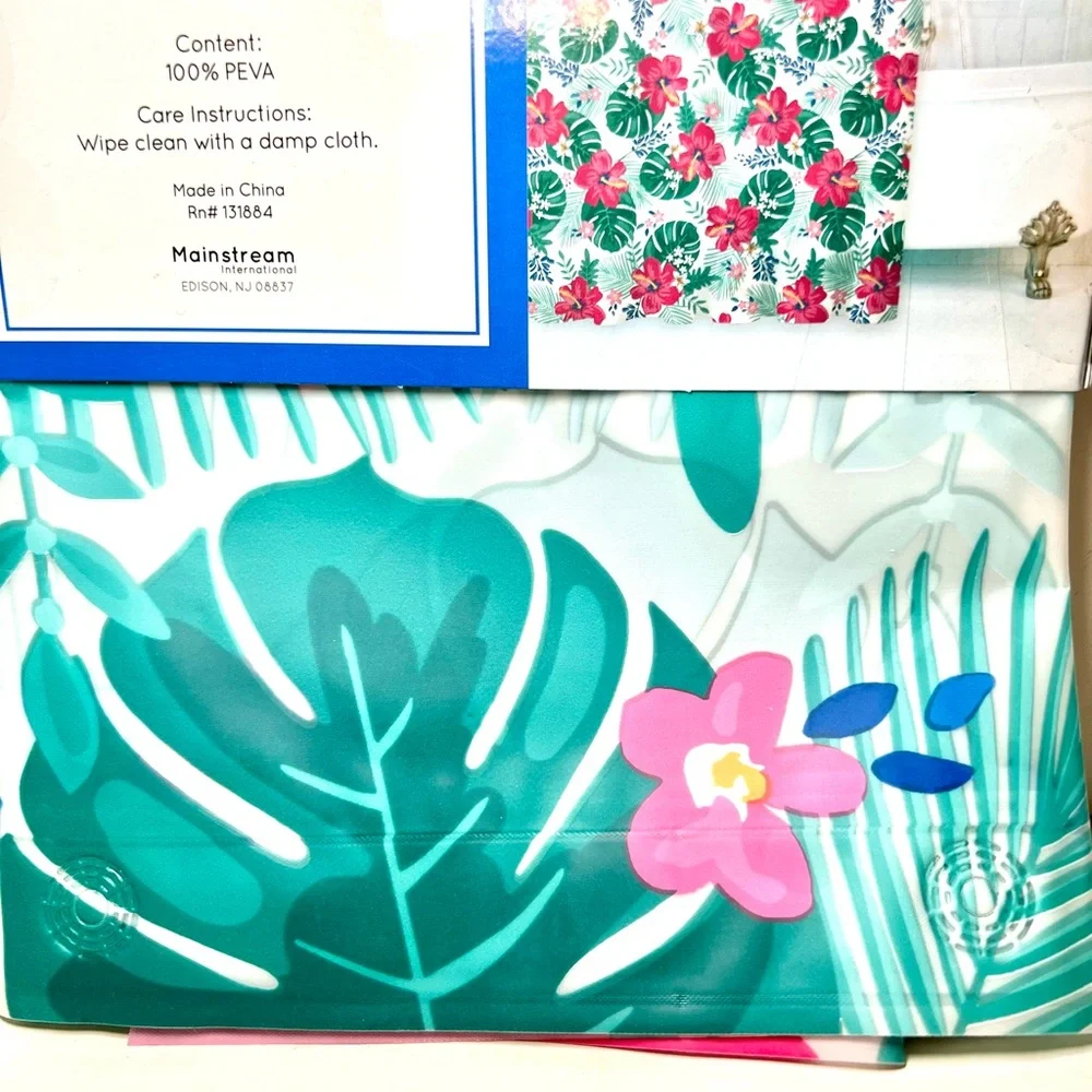 Tropical Fiesta Hibiscus Flowers & Leaves Peva Shower Curtain Pink Green